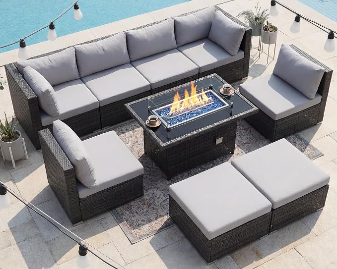 RADIATA 9 Piece Wicker Patio Furniture Set with Fire Pit, All-Weather Outdoor Sectional Couch High Back Large Size, Modular Backyard Seating Sofa Set with Propane/Natural Gas Firepit Table, Light Grey