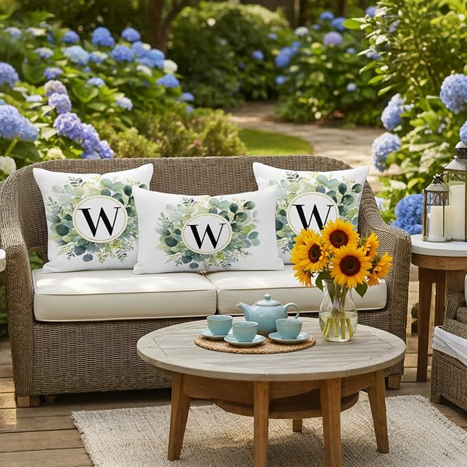 Letter W Waterproof Outdoor Pillow Covers Set of 2 Home Decor, Alphabet Green Eucalyptus Leaves Pillowcase Patio Pillow Covers for Couch Bench Patio Furniture Garden 26x26in