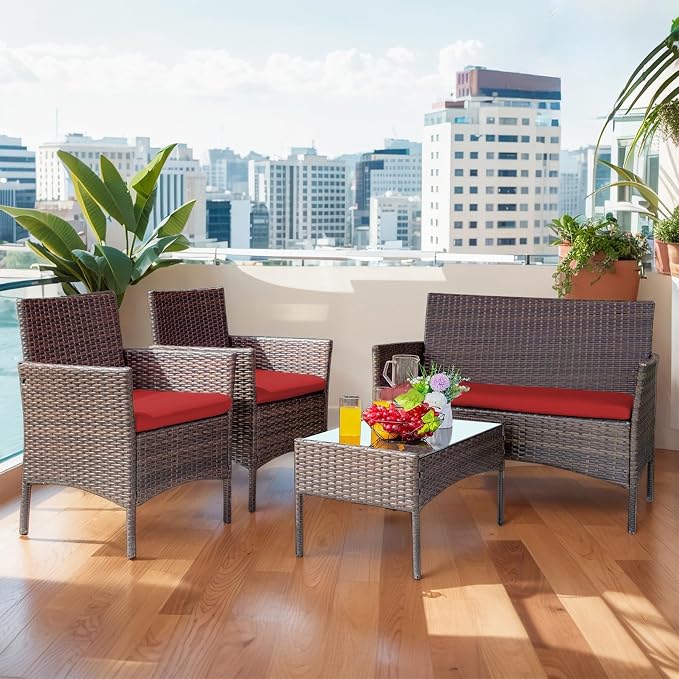 PROHIKER 4 Piece Outdoor Wicker Patio Conversation Furniture Set, Rattan Chair Wicker Sofa Garden Conversation Sets with Cushion and Glass Table for Yard Pool or Backyard, Brown/Red
