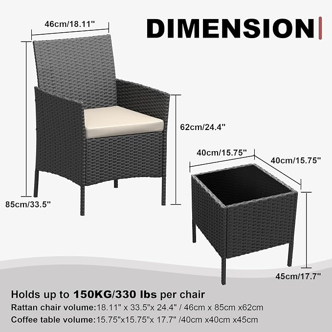 GarveeLife 3 Pieces Patio Furniture Set, Outdoor Furniture Sets with Cushions and Tempered Glass Table for Porch & Garden, Black Wicker/Beige Cushions
