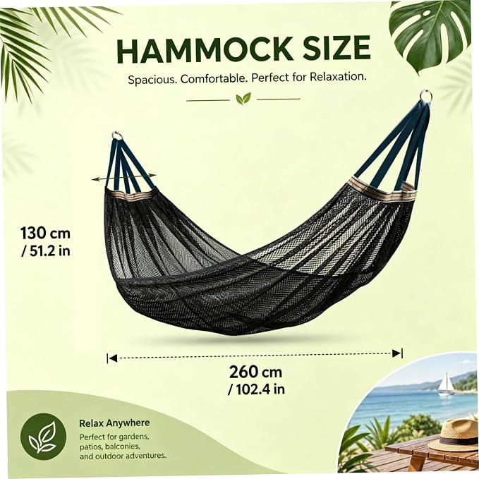 Outdoor Hammock Without Stand|Camping Hammock Lightweight Portable, Anti-roll Breathable Mesh Outdoor with Tree Straps & Carry Bag, Black (102.36x51.18in)