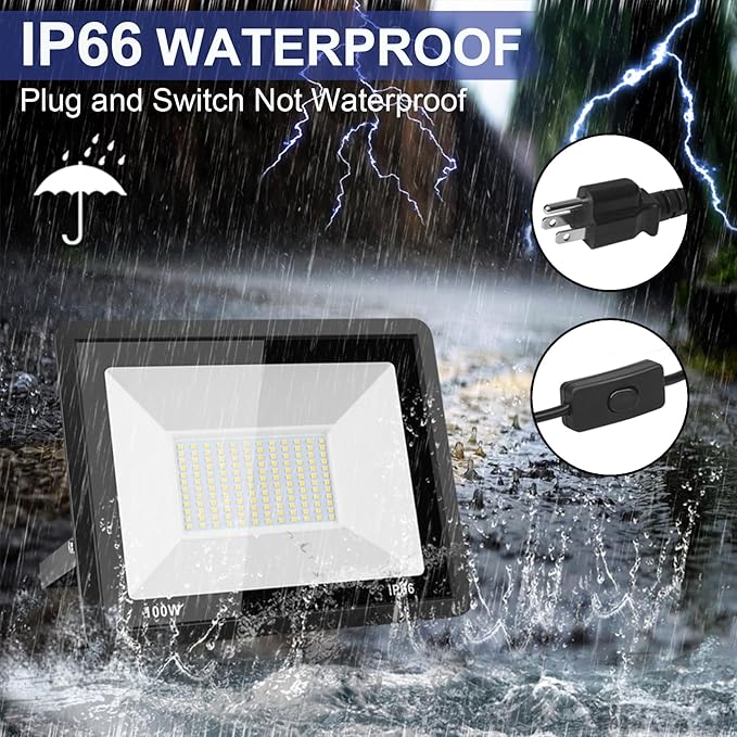2-Pack 200W LED Flood Light Outdoor, 20000LM Bright Plug-in Flood Lights with Switch, IP66 Waterproof Exterior Security Lights, LED Work Light for Garage, Yard, Garden, Playground, Stadium, Arena