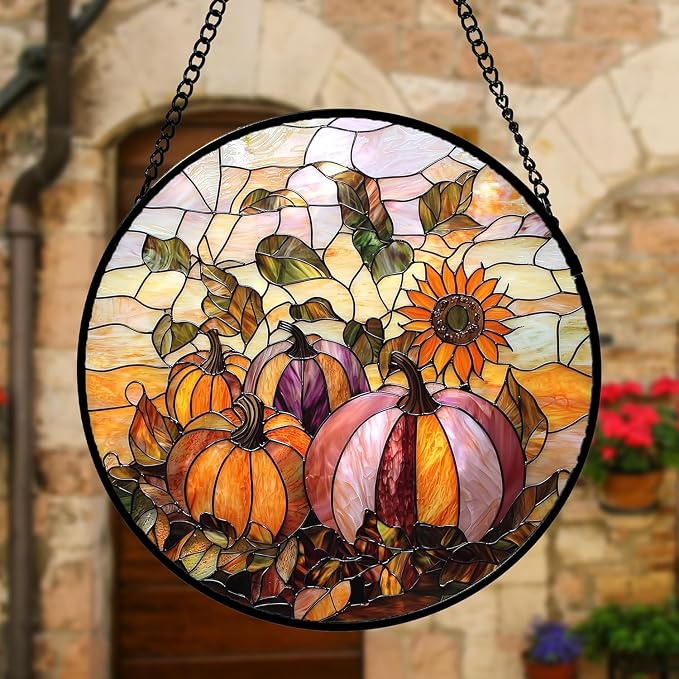 DASTOLL Stained Glass Window Hanging, Pumpkin Sunflower Suncatcher Diamond Glass Panel Sun Catchers Decor for Birthday for Women, Men, Wife, Aunt, and Mom 14.9x14.9 in