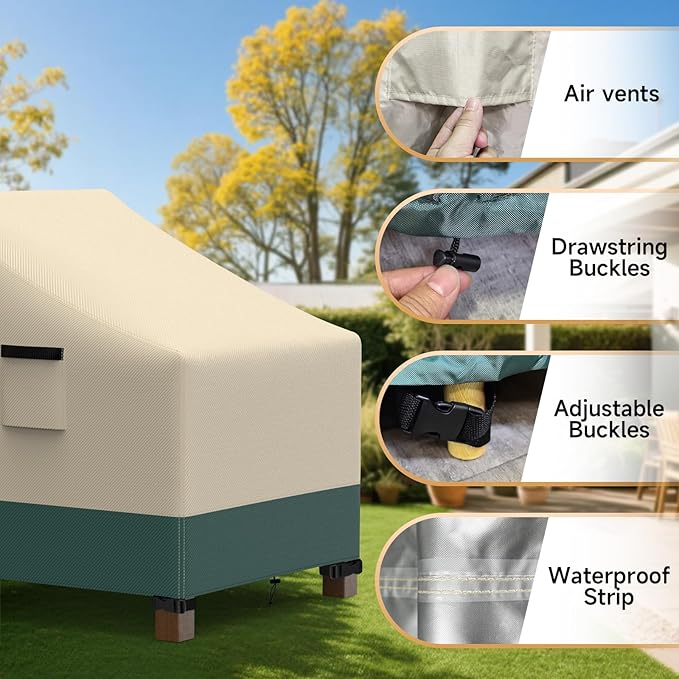 Patio Chair Covers Waterproof 2 Pack - Outdoor Furniture Covers with Waterproof Strip and Air Vent - Heavy Duty Lawn Lounge Chair Cover (Beige&Green, 30" Wx 37" Dx 31" H)