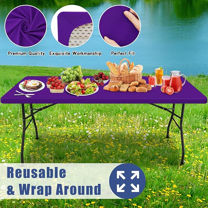 Moosfor Spandex 8 Foot Rectangle Table Cloth 2 Pack, Elastic Fitted Tablecloths for Picnic, Stretch Washable Patio Table Cover for Outdoor, Camping, Banquet and Parties (Purple, 30"x96")
