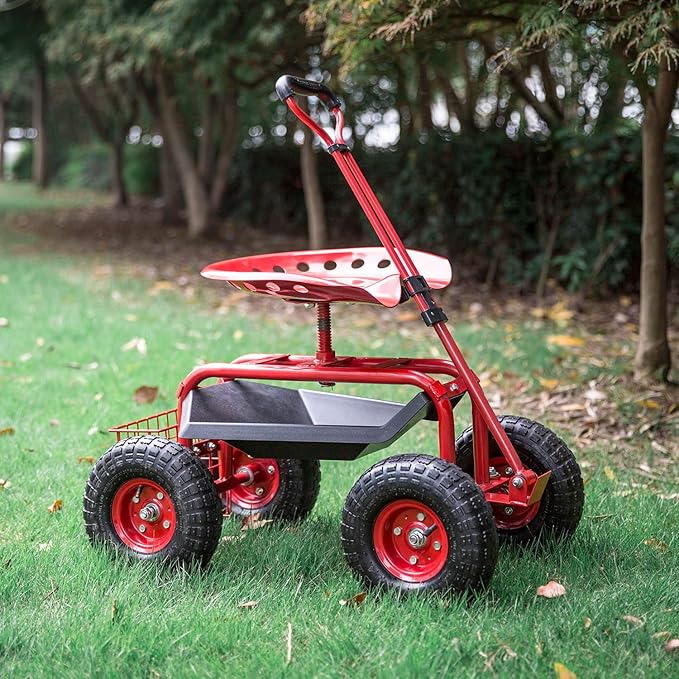 kinbor Rolling Garden Scooter Garden Cart with Tray, 360 Swivel Seat, Red