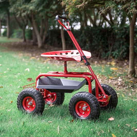 kinbor Rolling Garden Scooter Garden Cart with Tray, 360 Swivel Seat, Red