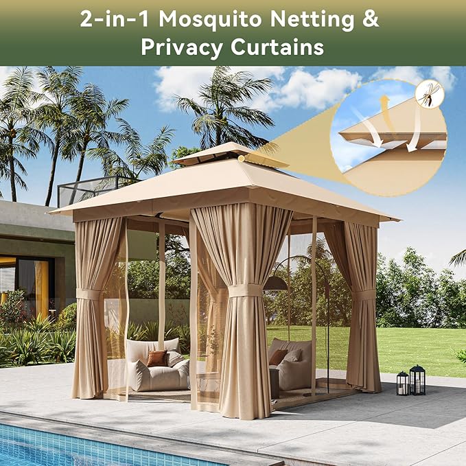 8'x8' Gazebo, Outdoor Gazebo Metal Frame Canopy with Double Roofs, Heavy Duty Patio Tent Shelter with Mosquito Netting and Privacy Screen for Backyard, Beige