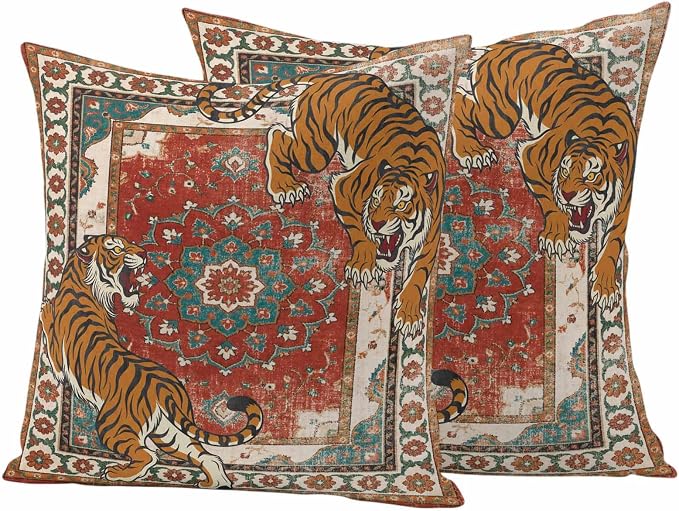Tiger Print Outdoor Pillow Covers 24"x24" Set of 2, Boho Vintage Animal Orange Red Floral Geometric Waterproof Throw Pillow Covers for Patio Furniture, Decorative Cushion Covers for Porch