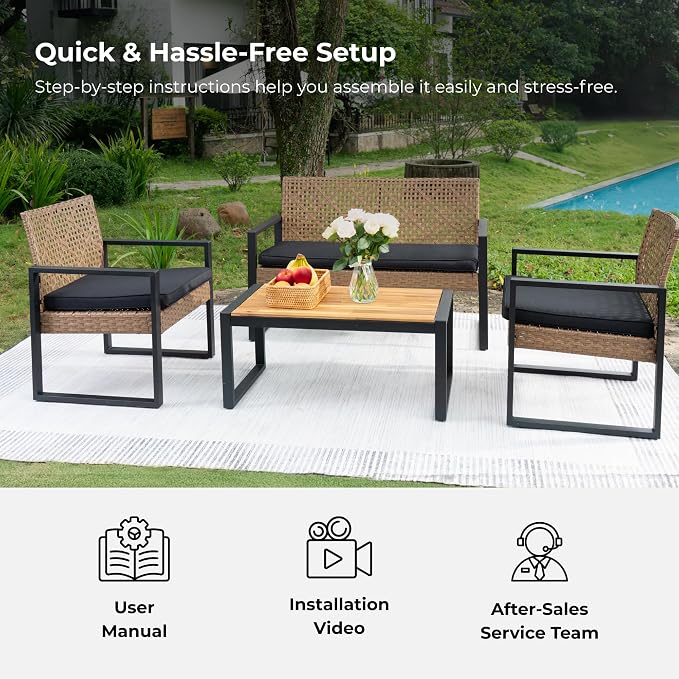 GDFStudio 4-Piece Patio Furniture Set with Acacia Wood Tabletop, PE Rattan Conversation Sofa Set, Steel Frame Outdoor Seating for Balcony Porch Garden Backyard Lawn, Black Cushions Light Brown Wicker