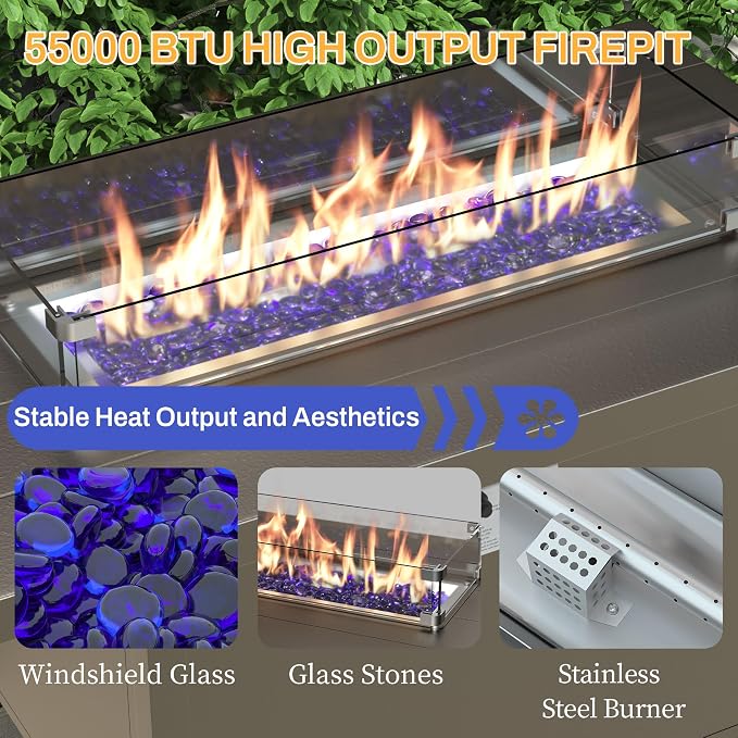 Aluminum Patio Furniture Set with 55,000 BTU Propane Fire Pit Table,8 Seats Metal Modern Outdoor Furniture w/5.1" Cushions,Patio Sectional w/Swivel Chairs for Patio,Backyard,Sand