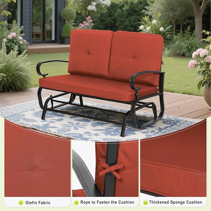 Incbruce 4Pcs Outdoor Metal Furniture Patio Conversation Sets (Glider, Bistro Table, 2 Spring Lounge Chairs) - Wrought Iron Outdoor Glider Chairs Sets (red)