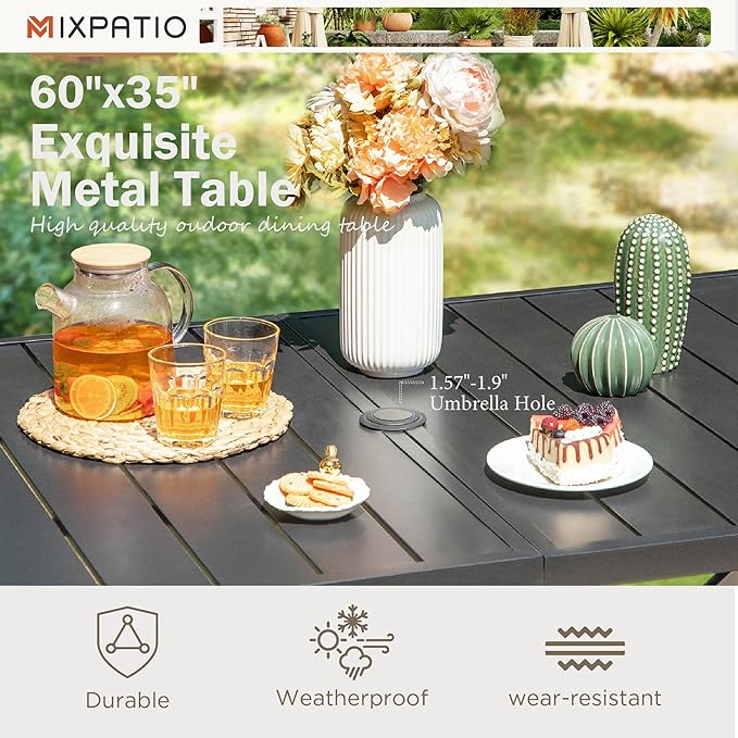 MIXPATIO 7 Pieces Outdoor Patio Dining Set, Wicker Patio Table and Chairs Set of 6, Swivel Wicker Chairs with 3.2" Cushion and Rectangular Table with Umbrella Hole for Yard, Porch, Beige