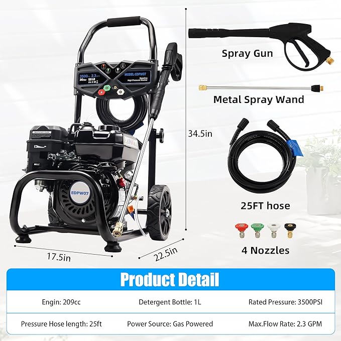 Gas Powered Pressure Washer 3500 PSI - 2.3 GPM Heavy Duty High Power Washer,209CC 7HP Engine with 25Ft Pressure Hose, Axial Aluminum Pump, Soap Tank, 4 Quick Connect Nozzle (Dark)