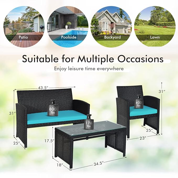 Goplus Rattan Patio Furniture Set 4 Pieces, Outdoor Wicker Conversation Sofa and Table Set with Soft Cushions & Tempered Glass Coffee Table for Balcony Garden Backyard (Turquoise)