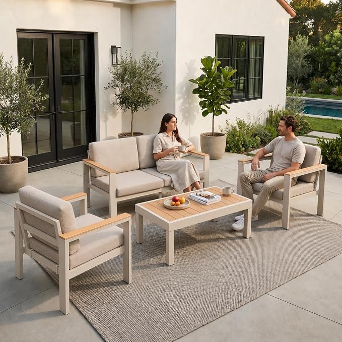Outdoor Patio Furniture Set, 4-Piece Aluminum Conversation Set with Loveseat, 2 Chairs and Coffee Table, 5-Inch Water-Resistant Cushions for Backyard, Porch, Poolside, Beige