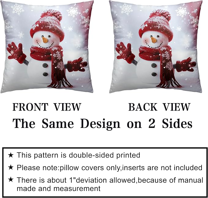 Snowman Pillow Covers 16x16 Set of 2 Christmas Winter Holiday Throw Pillow Covers Red Snowman with Snowflake Cushion Case for Couch Living Room Bedroom Sofa