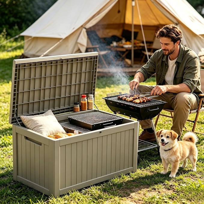 MAKINO 275 Gallon Resin Outdoor Storage Box, Waterproof Deck Box with Lockable Lid, Outside Storage Box for Patio Furniture, Pool Accessories, Garden Tools, Storage Bench for Backyard, Gray Brown