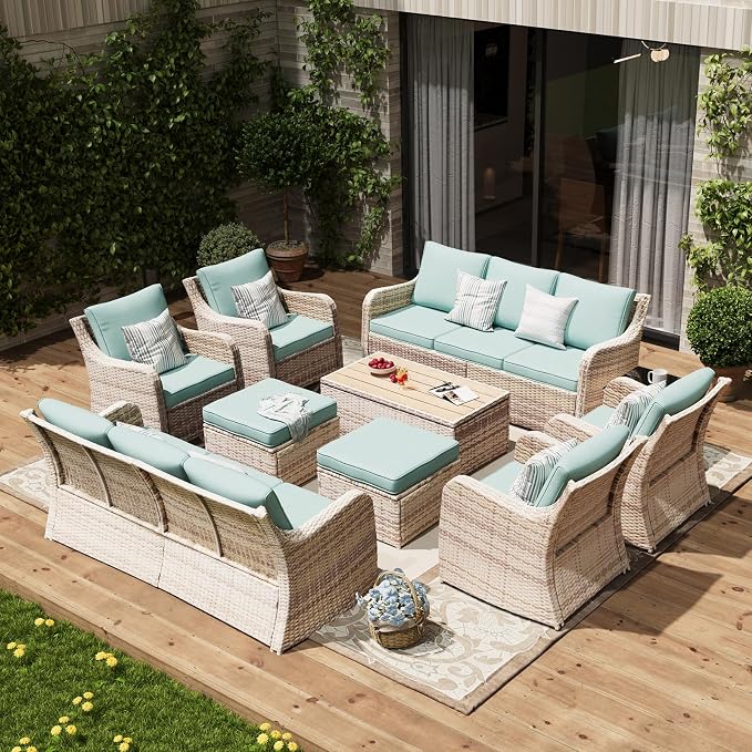 MEISSALIVVE Outdoor Patio Furniture Set with Swivel Chair, 10 Pieces Patio Conversation Set, Patio Sectional Furniture Set with 2 Three-seat Sofa, 2 Fixed Single Chair and Coffee Table (Blue)