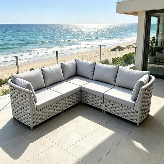 TWT 5-Piece Modular Outdoor Sectional Sofa Set, 5-Seater Woven Rope Patio Conversation Couch with Water-Resistant Cushions, for Backyard Balcony Deck, Khaki Gray