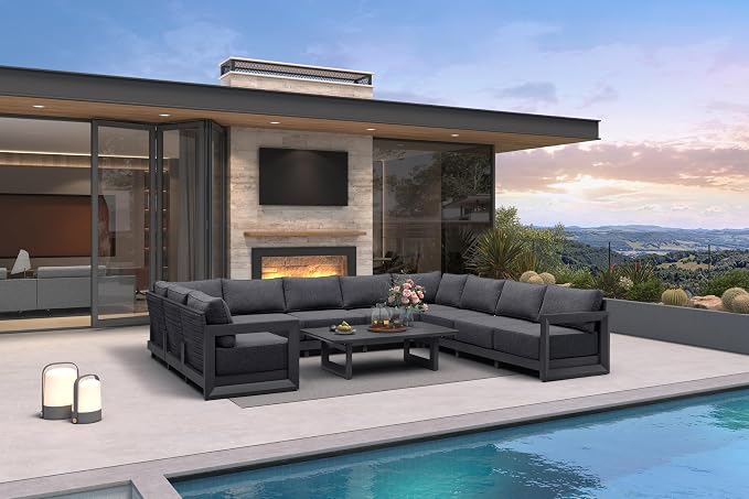 PURPLE LEAF Patio Furniture Set U-Shaped Outdoor Couch with 9.6" Thick Cushion and Soft Pillows 11 Piece Outdoor Sectional Sofas with Table Modern Patio Conversation Sets for Yard Porch Deck, Grey