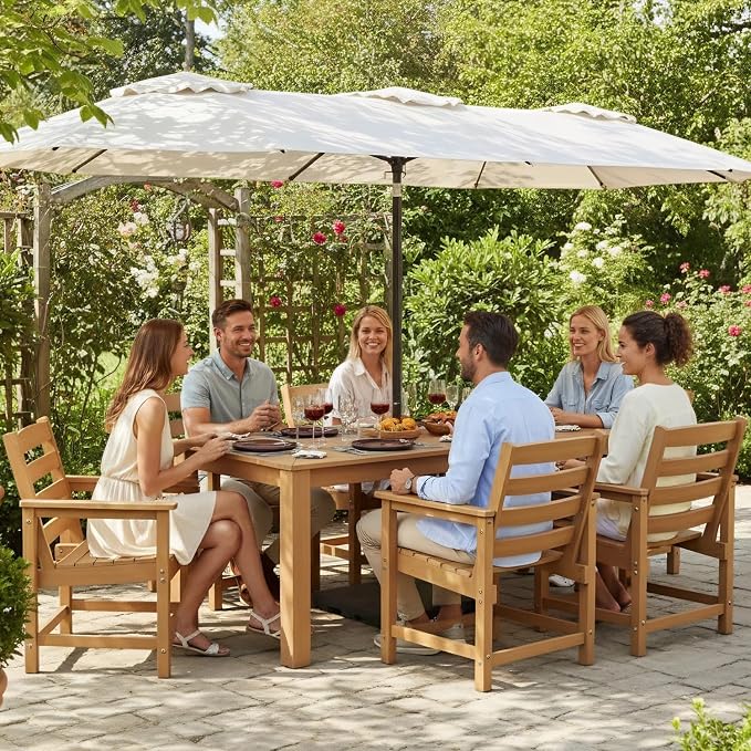 Outdoor HDPE Dining Table Set 7-Piece, All-Weather Outdoor Table and Chairs with Umbrella Hole Cut-Out, Patio Furniture for Garden, Backyard, Deck (Teak)