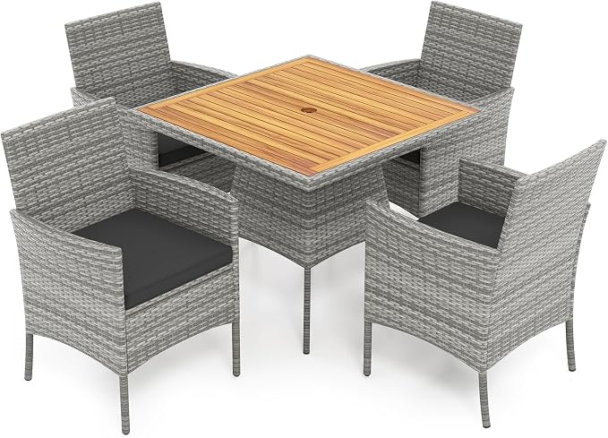 HAPPYGRILL 5 Pieces PE Wicker Patio Dining Set with Table and Chairs with Cushions, Outdoor Patio Furniture Set for Deck, Garden and Backyard (Grey Black & Wood)