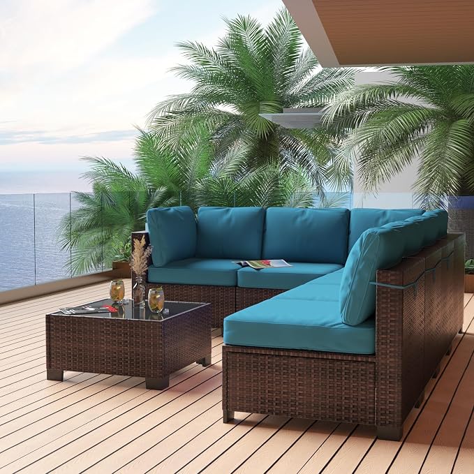 GarveeHome 7 Piece Patio Furniture Set, PE Rattan Wicker Sectional Sofa Set with Cushions & Glass Top Coffee Table, Outdoor Conversation Furniture for Garden, Balcony, Porch, Backyard