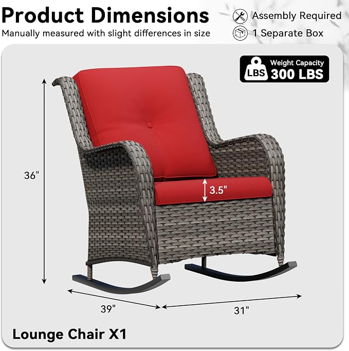 Outdoor Rocking Chair, Wicker Patio Chair with Thickened Olefin Cushions, High Back and Deep Seating, Hand-Woven PE Rattan for Porch, Deck, Balcony, Red