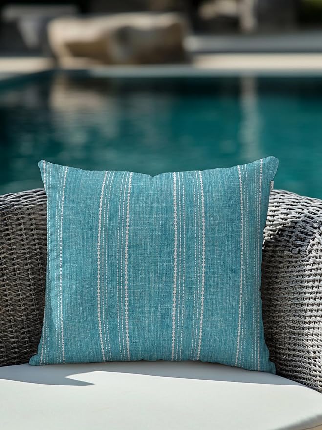 Waterproof Outdoor Pillow 1 Pack Turquoise Linen Stripes Decorative Throw Pillows Cover & Insert 16x16 Inch Pillowcase Parallel Vertical Lines Pillows for Couch Sofa Bed Patio Furniture Indoor Outdoor