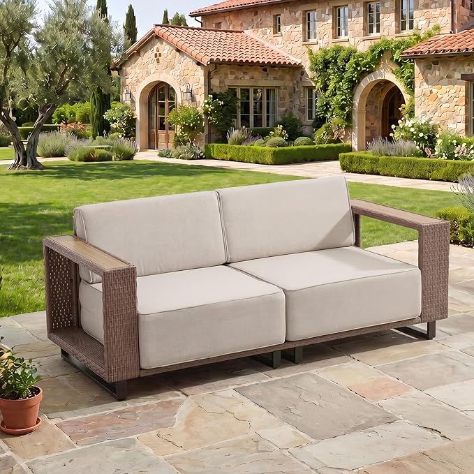 Bonzy Home Patio Loveseat Sofa, Wicker Rattan Loveseat Couch with Widened Armrest and Extra-Thick Soft Cushions, Patio Conversation Sets for Porch, Garden Poolside Balcony