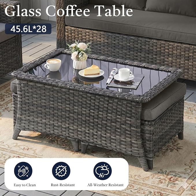 6 Piece High Back Patio Furniture Set - All Weather Patio Conversation Set with 4 Inch Thick Cushions and Deep Seating Swivel Glider Chairs & Outdoor Couch for Porch Deck Yard Pool