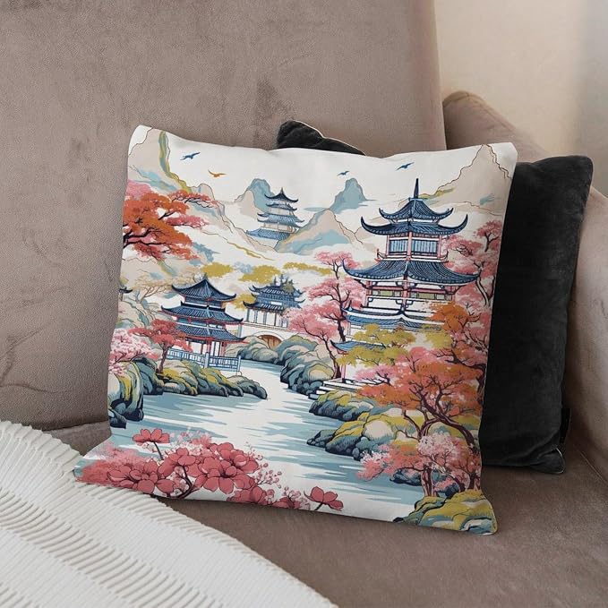 Chinoiserie Pagoda White Coral Blue Throw Pillow Covers Chinoiserie Chic Asian Throw Pillow Cover Retro Throw Pillow Covers Farmhouse Decorative for Patio Furniture Porch 26x26 in