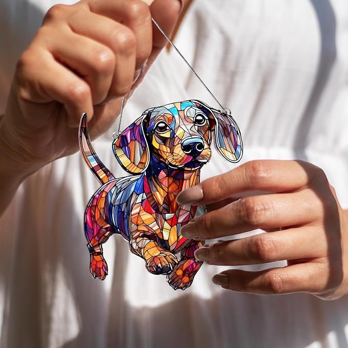 Dachshund Gifts for Women, Colorful Dachshund Ornament for Window Hanging | 5.9"x5" Acrylic Suncatcher Ornament Faux Stained Glass, Dog Lovers Gifts for Women, Dogs Christmas Ornaments for Tree Hanging