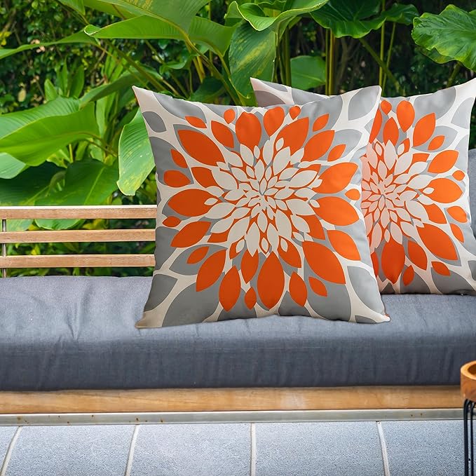 Pack of 4 Fall Outdoor Waterproof Pillow Covers 20x20 Decorative Outdoor Throw Pillows Garden Square Cushion Cases for Patio Furniture, Couch, Tent Sunbrella, Bench, Orange Grey