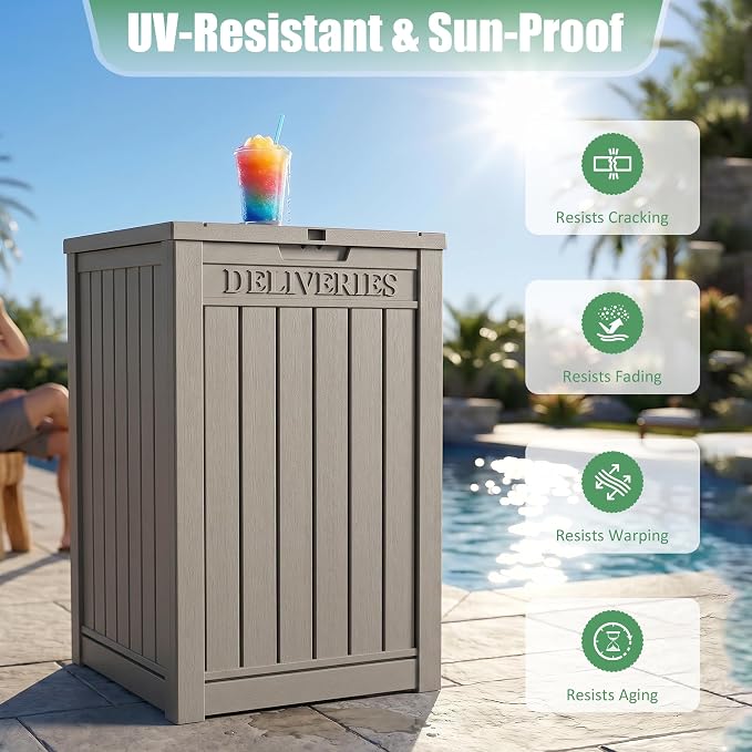 EasyUp Package Delivery Boxes for Outside, 55 Gallon Outdoor Storage Deck Box Parcel MailBox Drop Secure Resin Lockable UV Resistant Waterproof Mail Porch Patio Grey