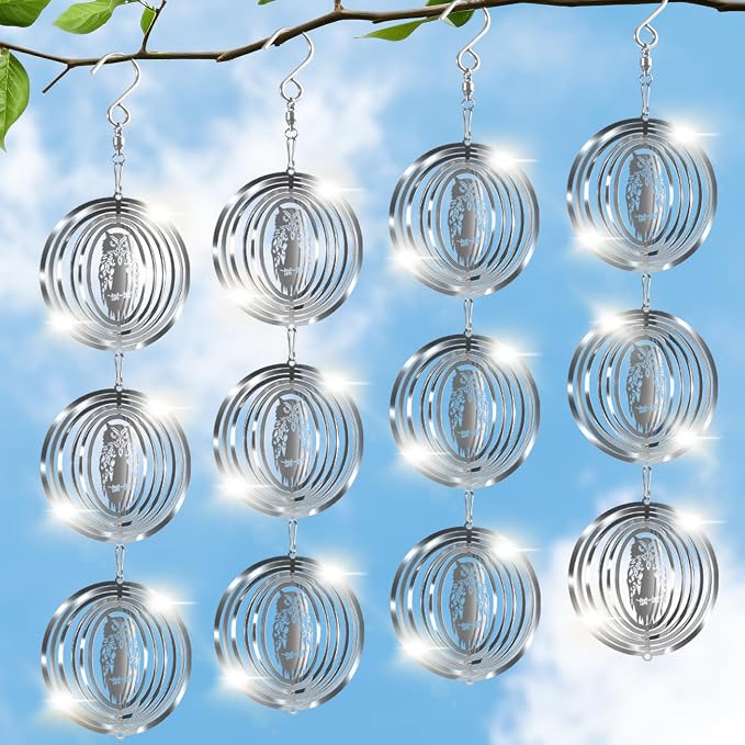 CHONOVO Bird Deterrents for Outside, 12 Discs 4 Set Reflective Owl Wind Spinners, 3D Bird Scare Devices to Keep Woodpecker Pigeon Away, Outdoor Hanging Bird Reflectors for Patio, Roof, Garden, Yard
