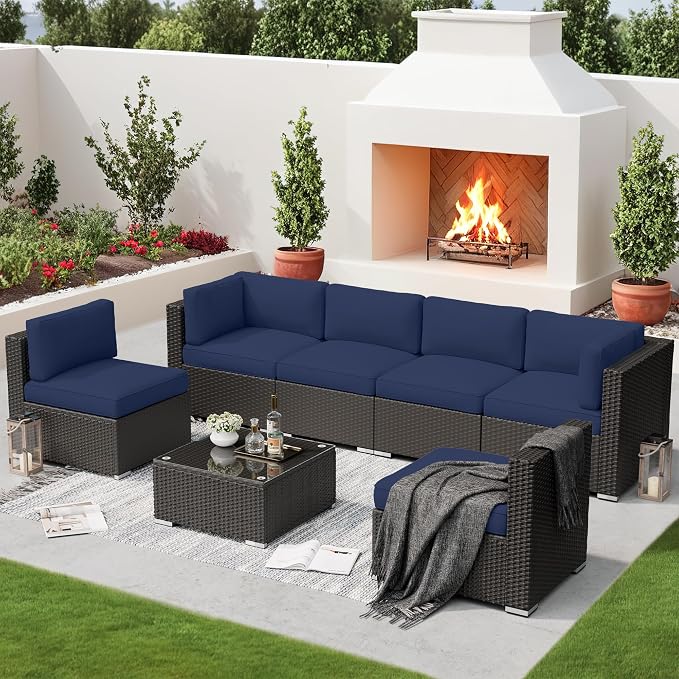 SUNCROWN 7-Piece Outdoor Patio Furniture Sofa Set All-Weather Black Wicker Sectional Cushioned Washable Seat Conversation Set with Modern Glass Coffee Table and Cushions, Backyard, Garden, Dark Blue