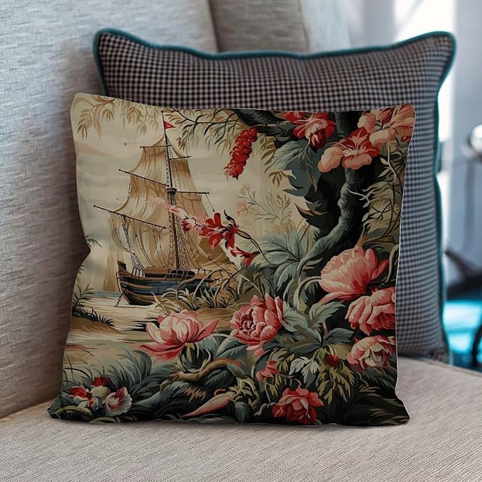 Moore Manor Antique Chinoiserie Pillow Cover Vintage Boats and Flowers Throw Pillow Cover Abstract Outdoor Waterproof Decorative Pillow Cover for Patio Couch Bench 26x26 in