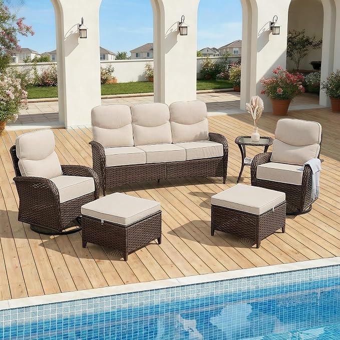 Patio Furniture Set with Luxury 6" Cushions, 6 Pcs Swivel Rocking Patio High Back Chairs and Couch, Outdoor Wicker Conversation Set for Deck, Porch, Backyard, Poolside, Beige