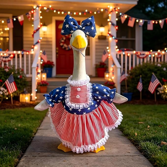 4th of July Porch Goose Outfit Set for 23'' Cement Lawn Goose Statue,Patriotic Star Stripe Dress with Bow,American Independence Day Decor(4th of July)