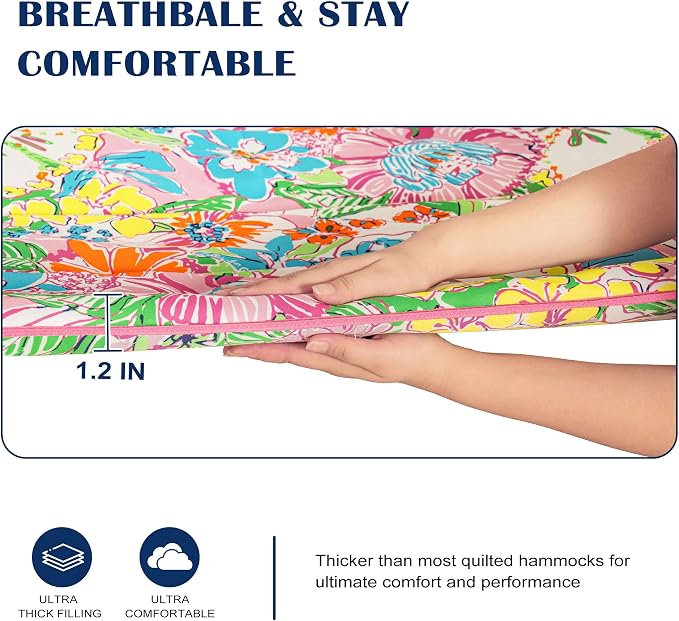 Lazy Daze Hammocks 12 FT Quilted Fabric Hammock with Curved Aluminium Spreader Bar, Double Hammock for Outside with Soft Pillow & Side Pocket 450 Lbs Capacity, Pink Floral
