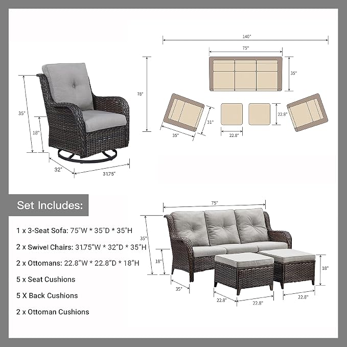 HUMMUH Outdoor Patio Furniture 6 Pieces Furniture Set Wicker Outdoor Sectional Couch with Patio Swivel Glider Chairs,Side Table,Ottomans for Patio