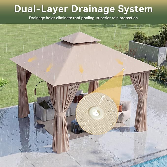 10'x10' Gazebo, Outdoor Gazebo Metal Frame Canopy with Double Roofs, Heavy Duty Patio Tent Shelter with Mosquito Netting and Privacy Screen for Backyard, Beige