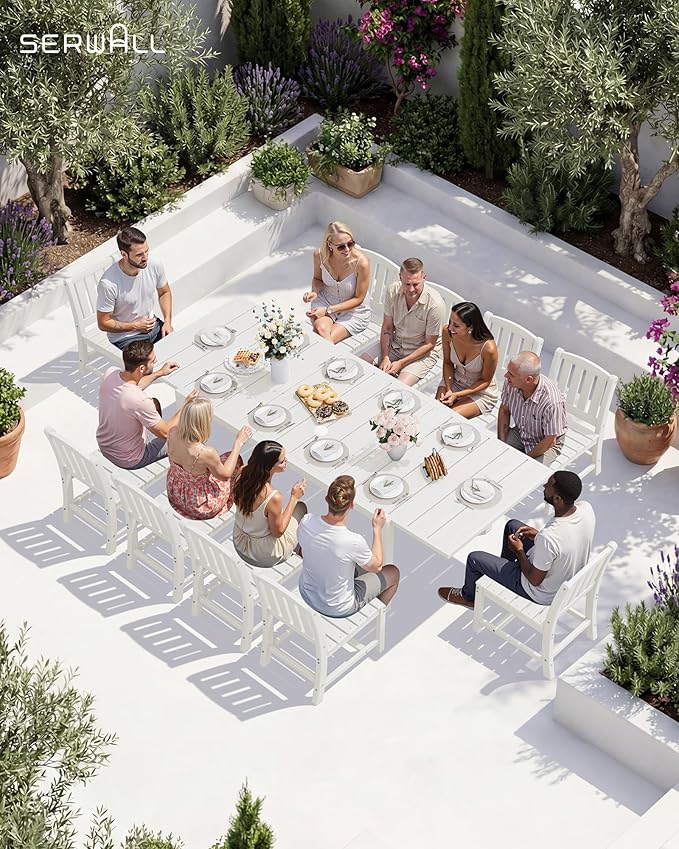 SERWALL 9-Piece Outdoor Dining Set, 60" - 83" Expandable Outdoor Dining Table and 8 HDPE Chairs, All Weather HDPE Outdoor Furniture Set for Backyard, Garden, White