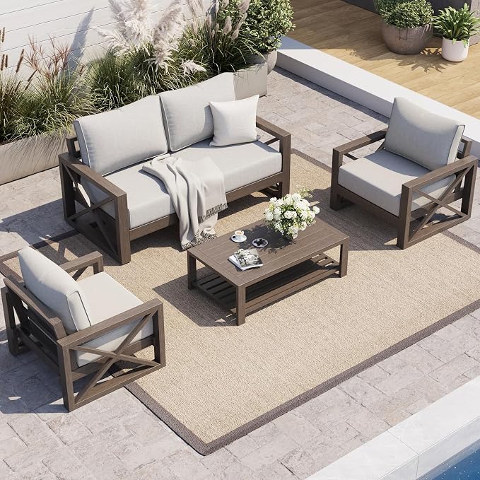UDPATIO Aluminum Patio Furniture Set, Faux Wood Grain Modern Outdoor Furniture, 6" Cushions Metal Patio Conversation Sofa with Coffee Table for Poolside Deck, 5 PCS, Beige(Include 600D Covers)