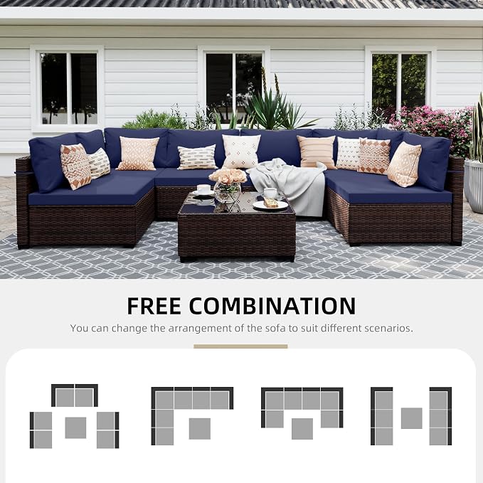 UPHA 7 Pieces Patio Furniture Sets, Wicker Outdoor Sectional Sofa Couch with Coffee Table, Patio Conversation Set for Deck Backyard Garden, Brown Rattan, Navy Blue Cushion