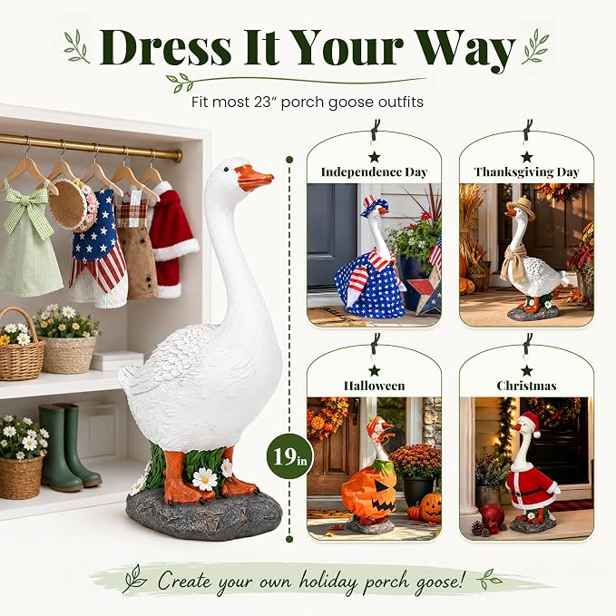 GIGALUMI 19" Porch Goose Statue, Durable Resin Garden Decor Hand-Painted | Animal Sculpture Indoor Outdoor, Patio Lawn Yard Art Ornaments, Birthday Housewarming Gift for Women Mom Grandma Friends