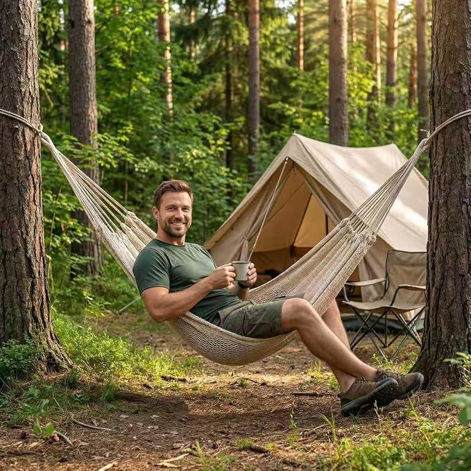 WjrnlfdHammock 79 * 59in550lbs 2Person Cotton Rope Outdoor Camping Hammock | 550lbs double hammock, handwoven cotton rope, breathable mesh, easy setup, perfect for backyard, camping & beach. 3 colors!