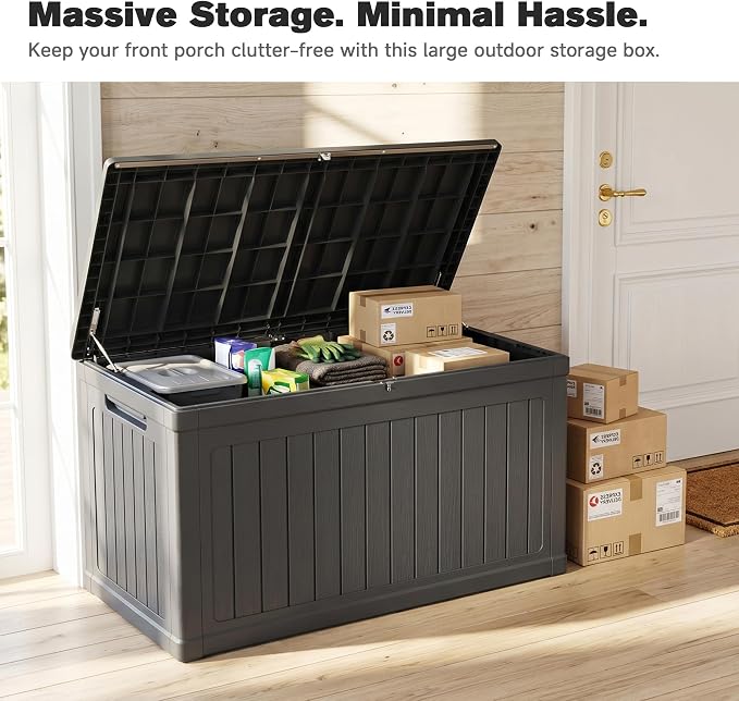 XXL Deck Box Outdoor Storage, Large Waterproof Resin Deck Boxes with Double-Wall Construction, Lockable Patio Storage for Furniture Cushions Garden Tools Pool Supplies, Black (230 Gallon)